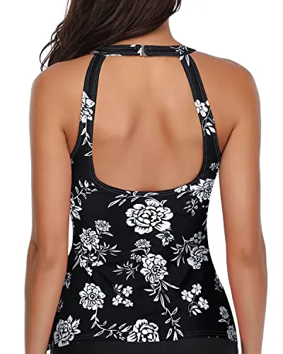 Accentuated Curves High Neck Tankini Top For Women-White And Black Floral