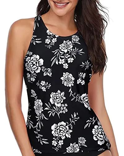 Accentuated Curves High Neck Tankini Top For Women-White And Black Floral