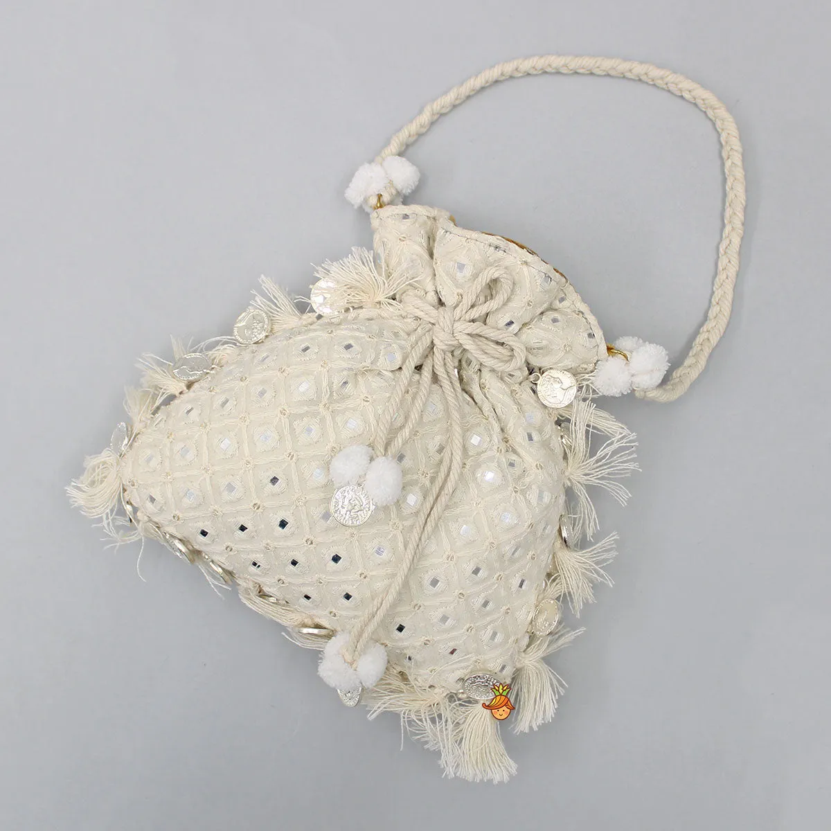 Adorable Faux Mirror Embroidered Off White Potli Bag