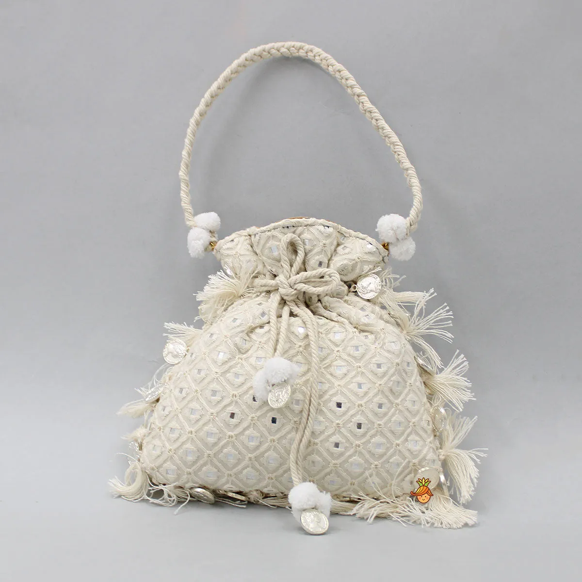 Adorable Faux Mirror Embroidered Off White Potli Bag