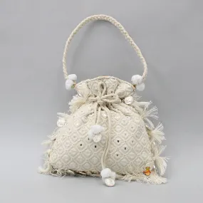 Adorable Faux Mirror Embroidered Off White Potli Bag