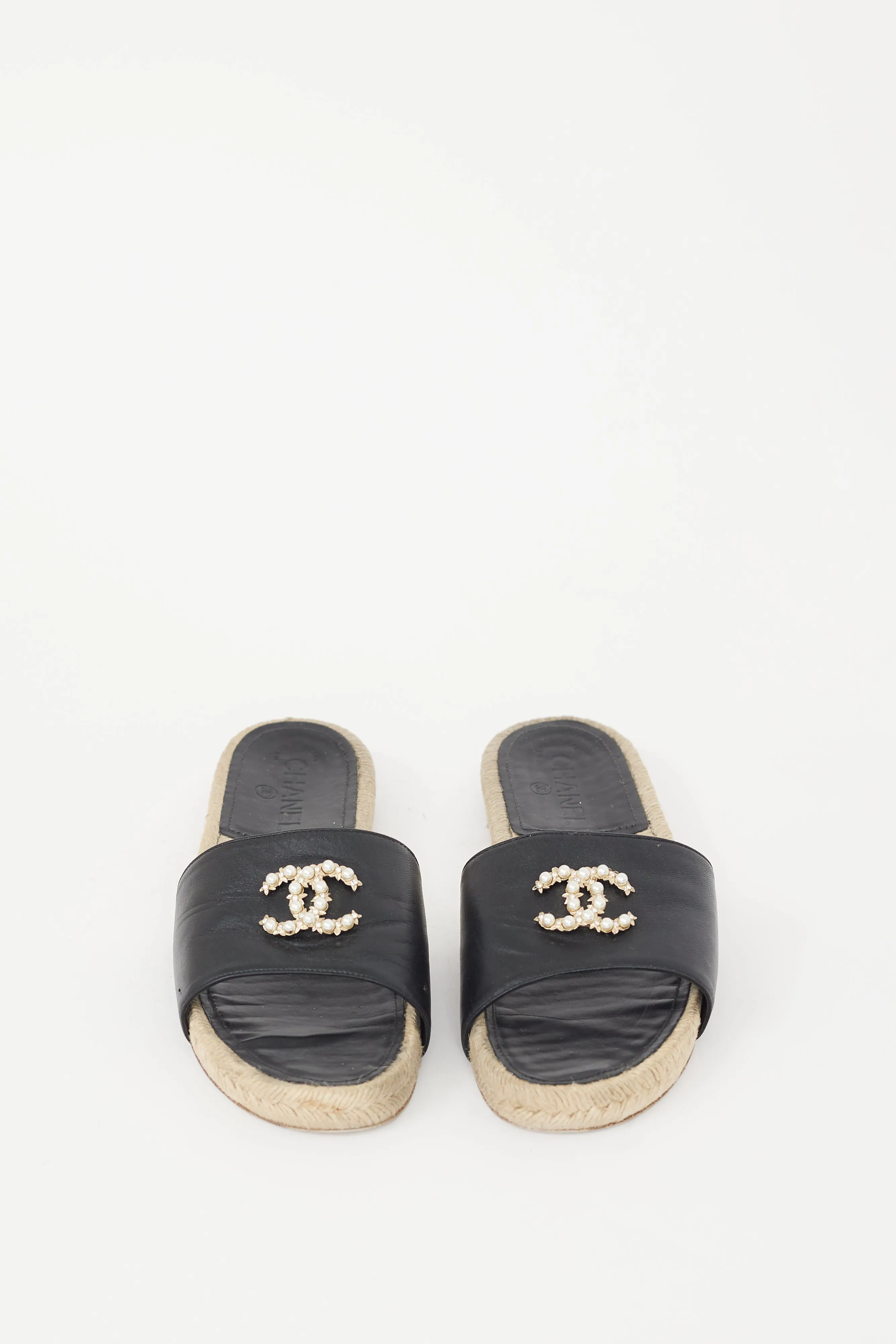 Black Leather Pearl CC Logo Espadrille Slide