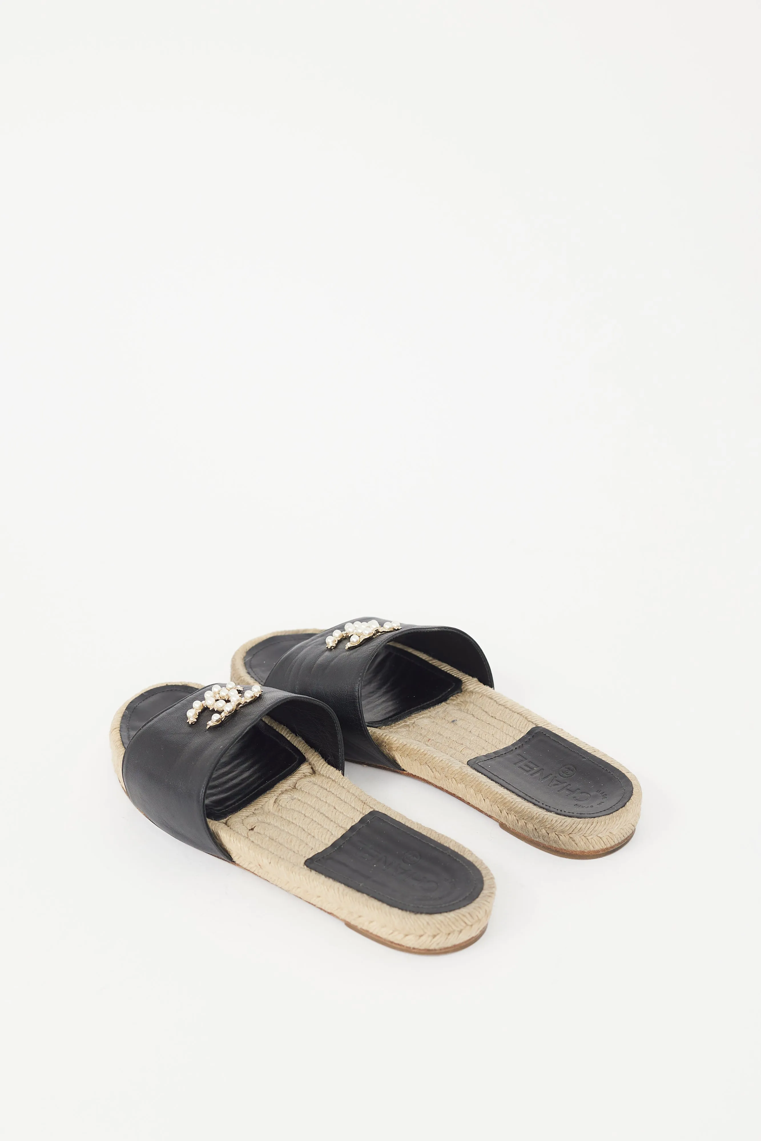 Black Leather Pearl CC Logo Espadrille Slide