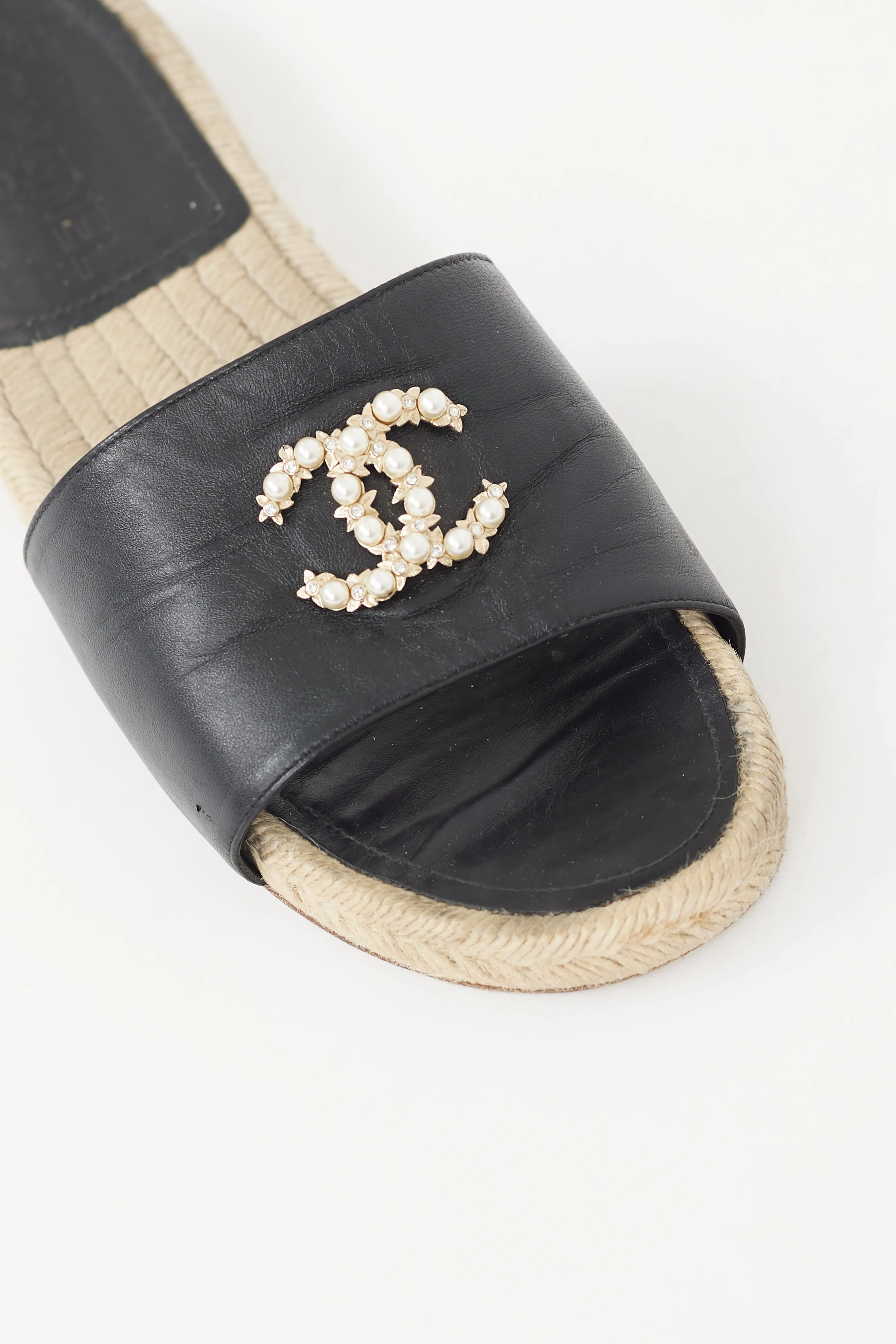 Black Leather Pearl CC Logo Espadrille Slide