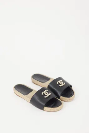 Black Leather Pearl CC Logo Espadrille Slide