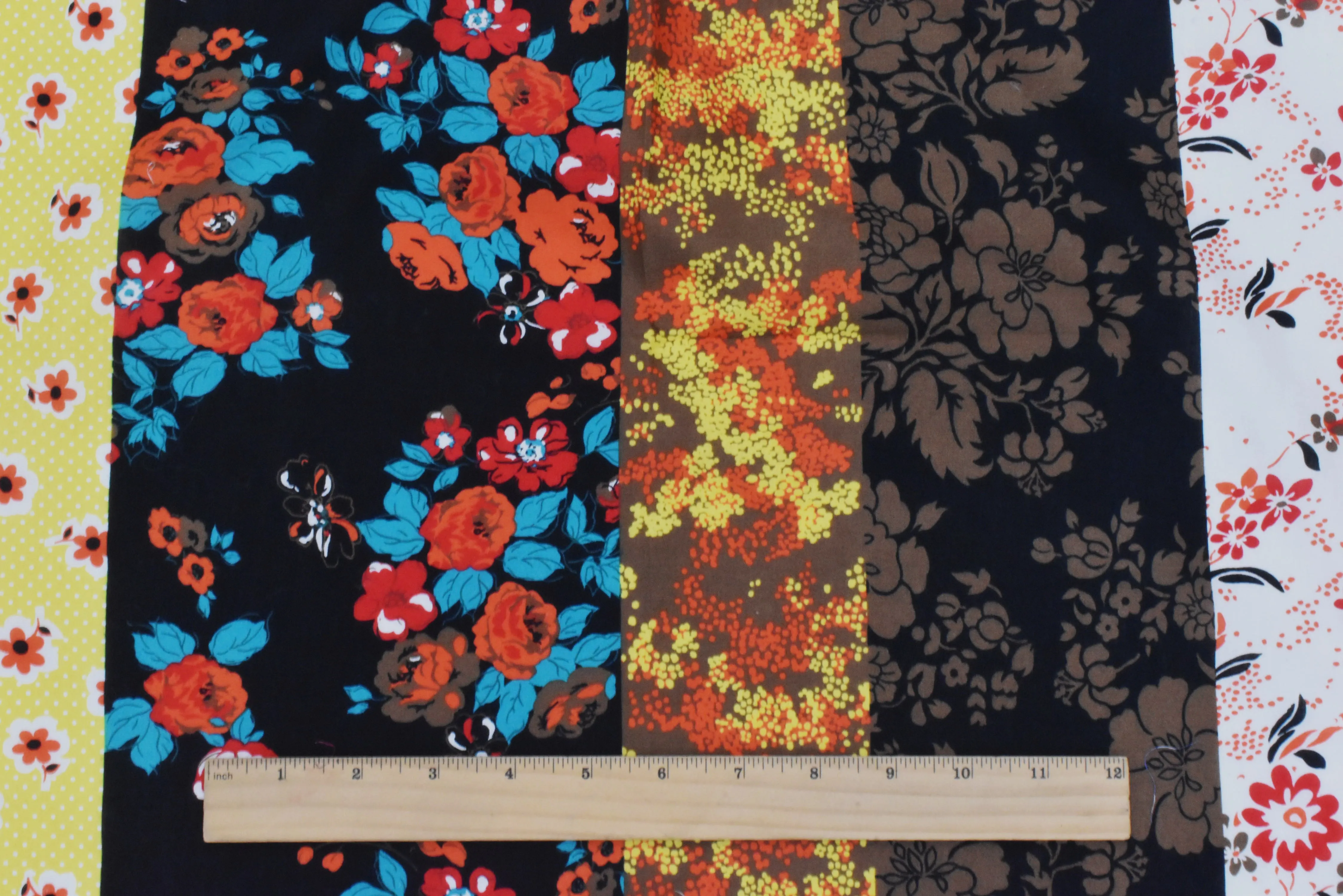 Black-Orange-Multi Floral Stripe Printed Batiste Fabric