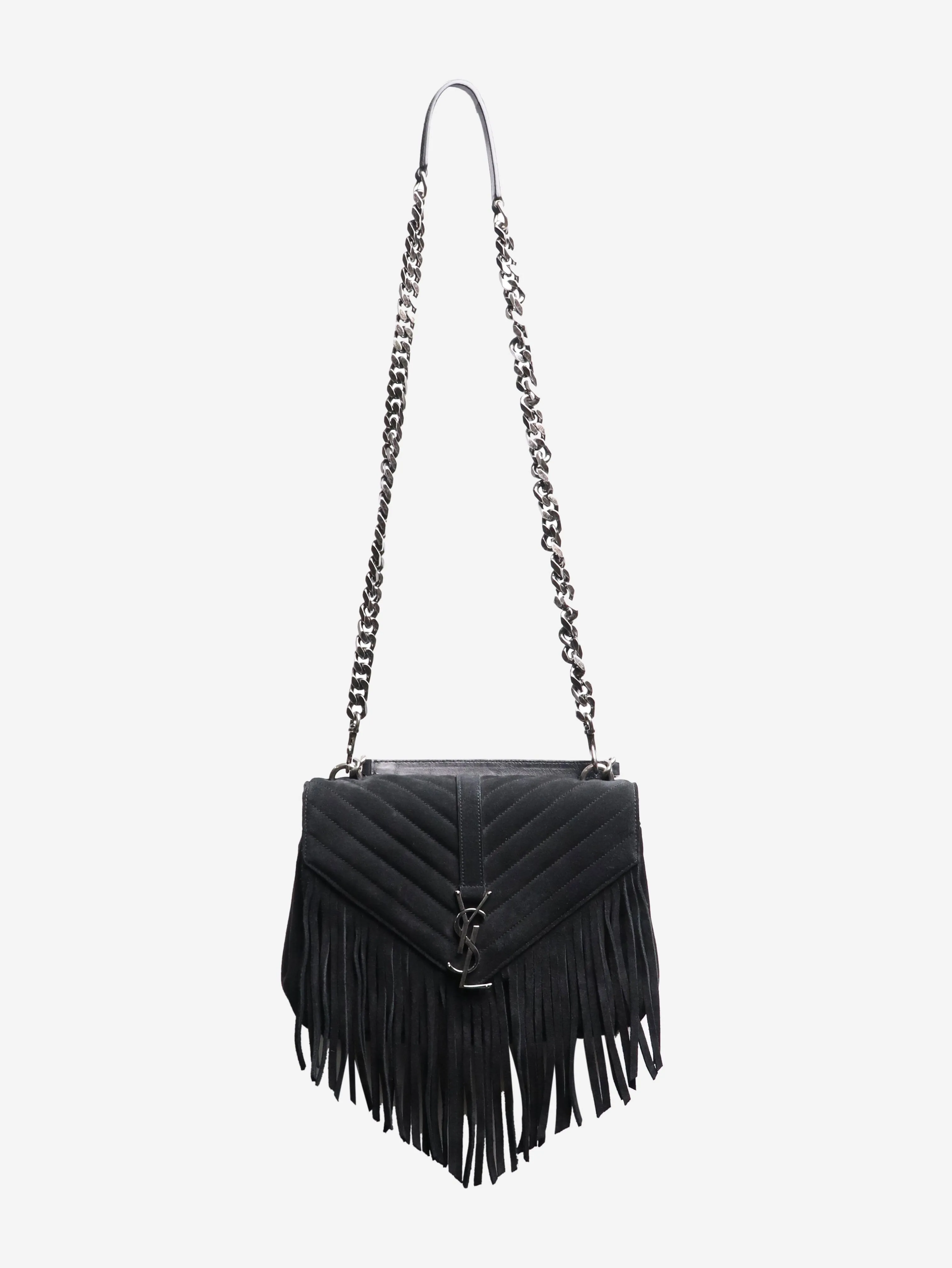 Black suede fringed shoulder bag