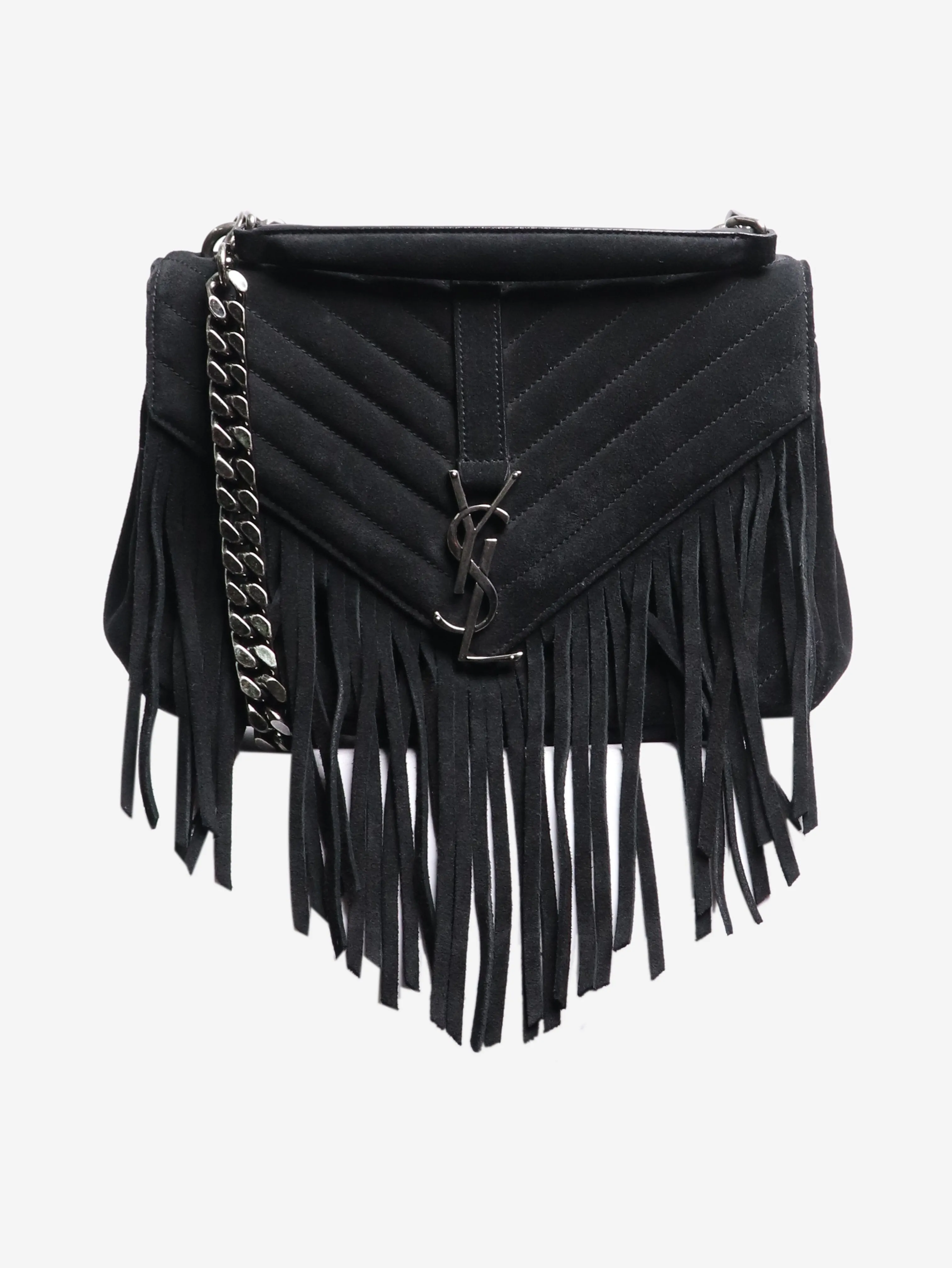 Black suede fringed shoulder bag