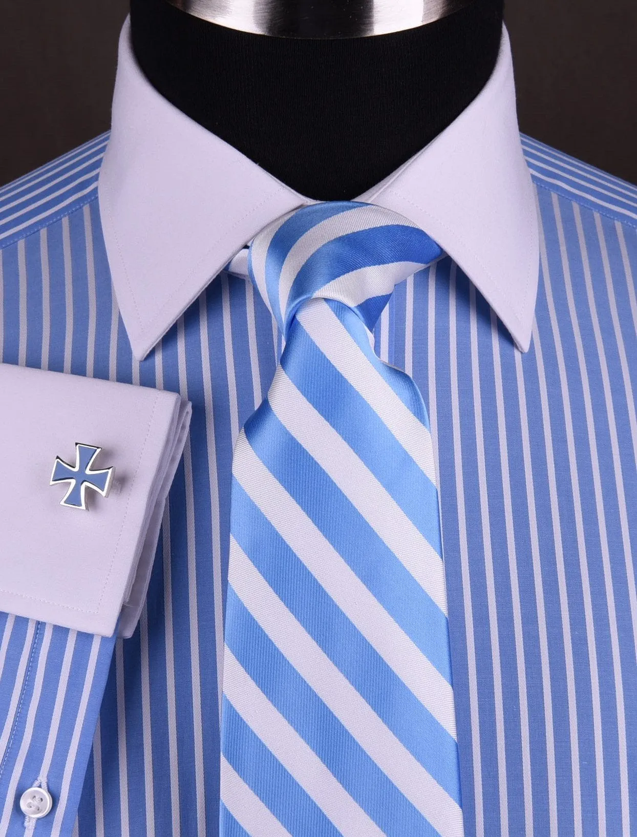 Blue Striped Dress Shirt White Collar in Formal Business French Cuff