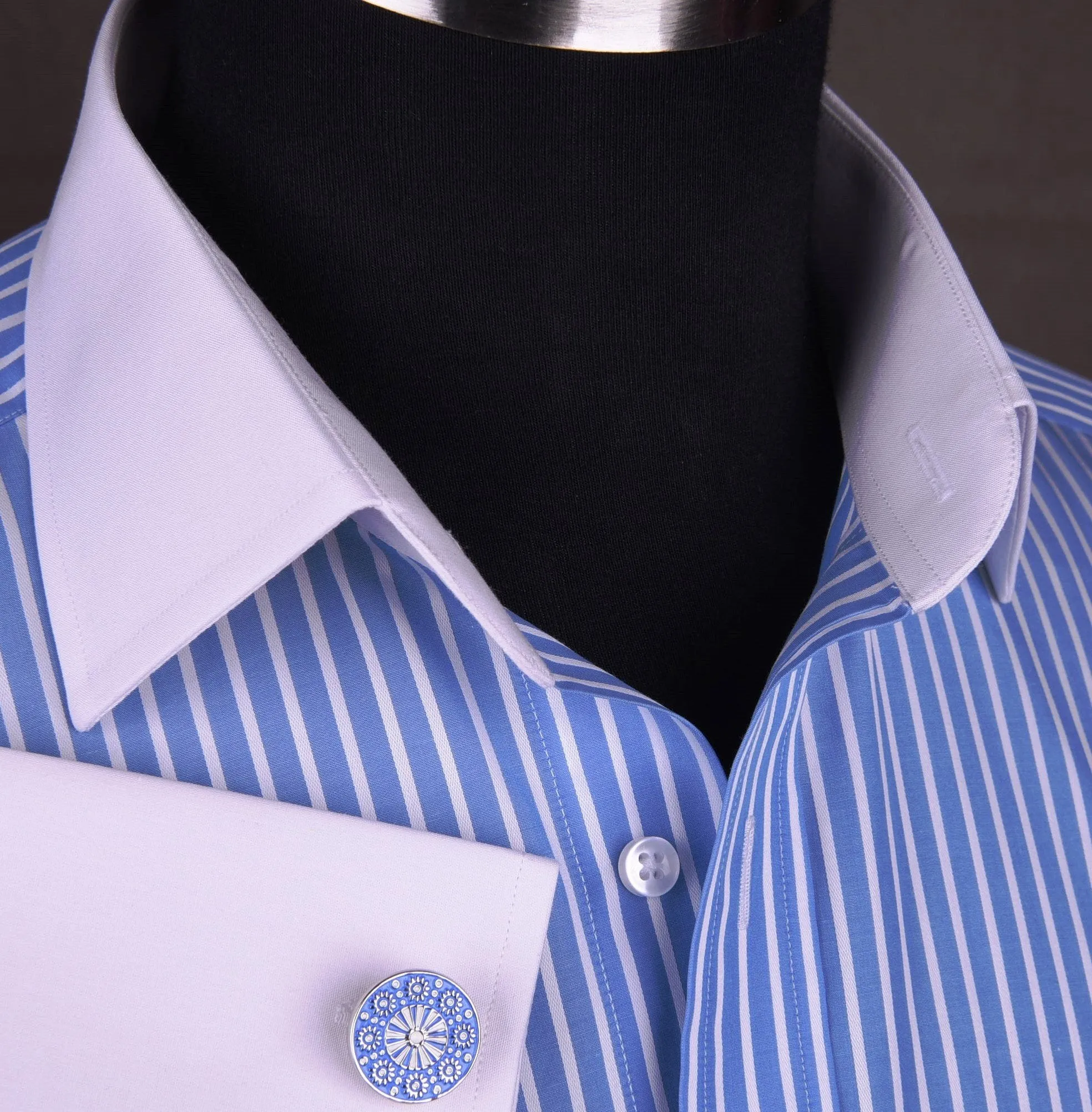 Blue Striped Dress Shirt White Collar in Formal Business French Cuff