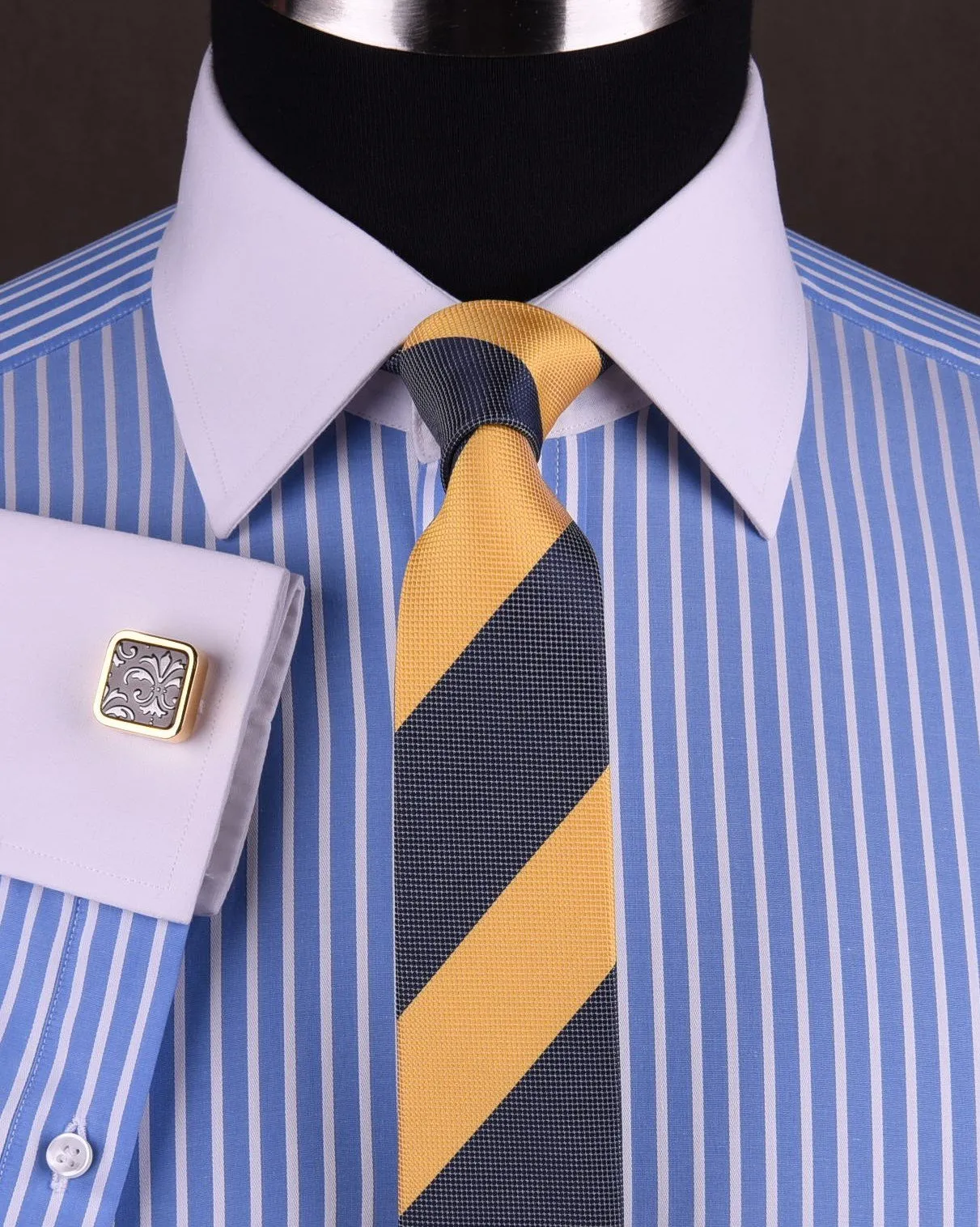 Blue Striped Dress Shirt White Collar in Formal Business French Cuff