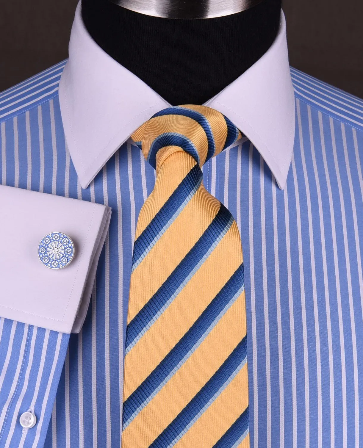 Blue Striped Dress Shirt White Collar in Formal Business French Cuff