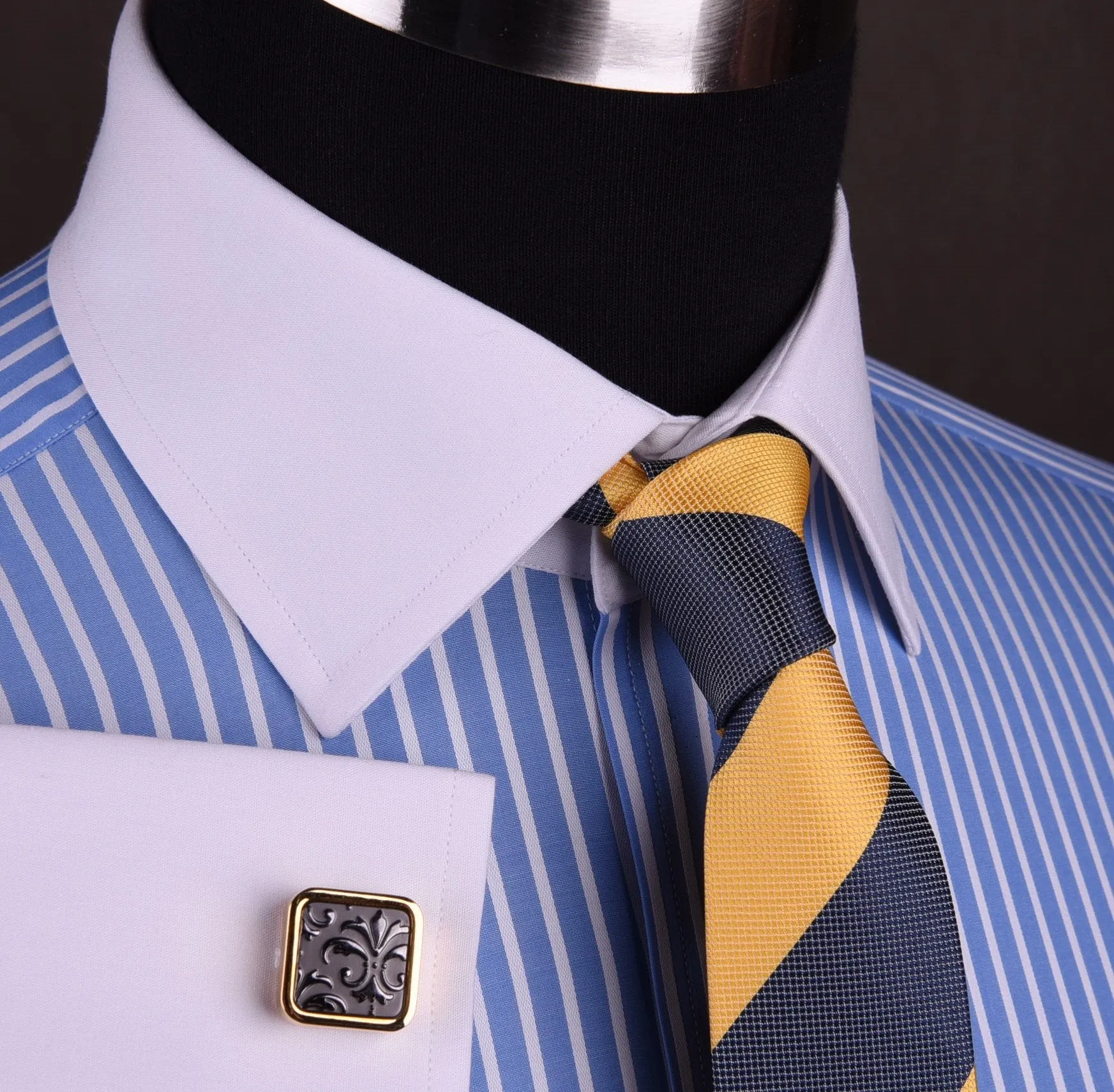 Blue Striped Dress Shirt White Collar in Formal Business French Cuff