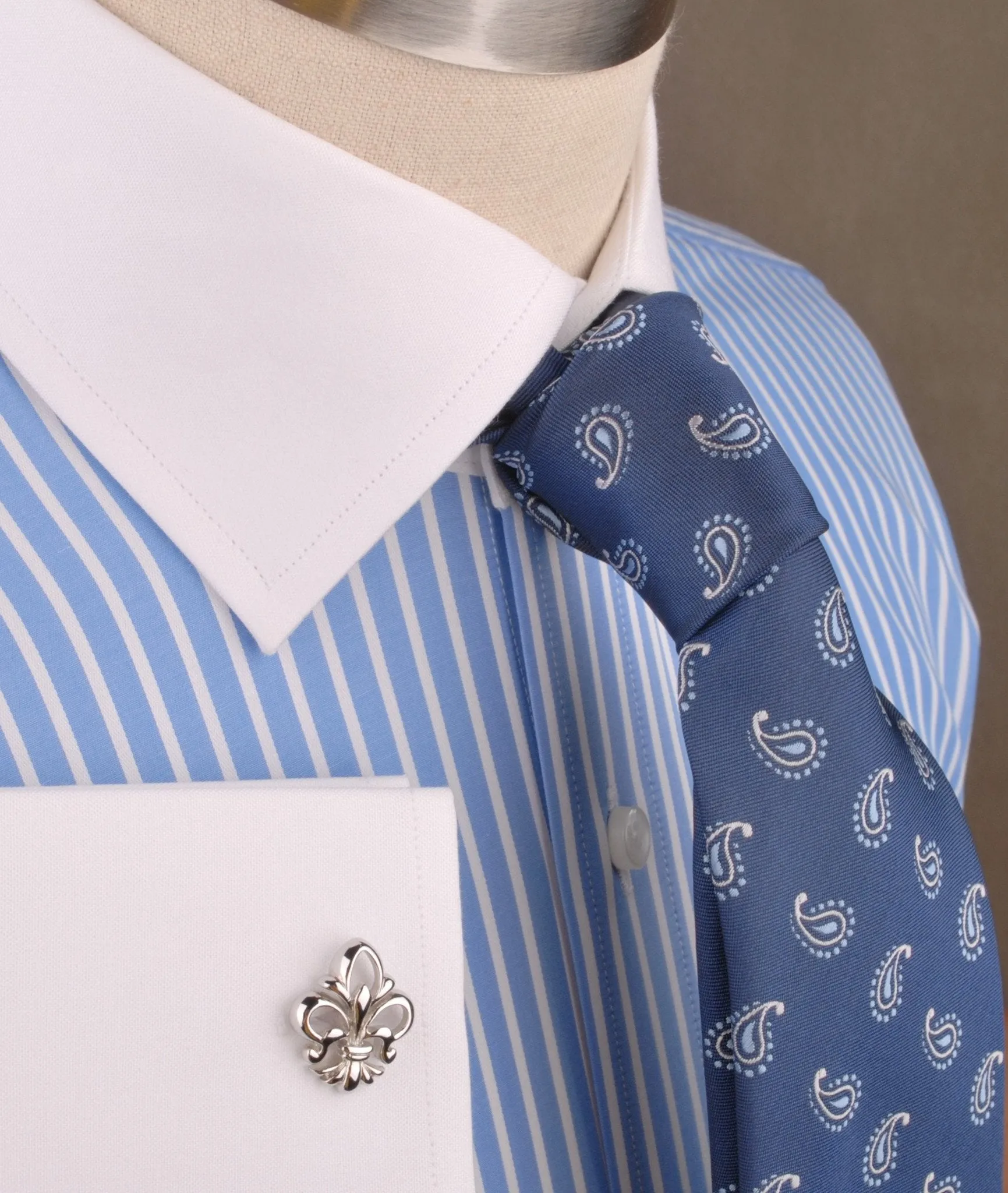 Blue Striped Dress Shirt White Collar in Formal Business French Cuff