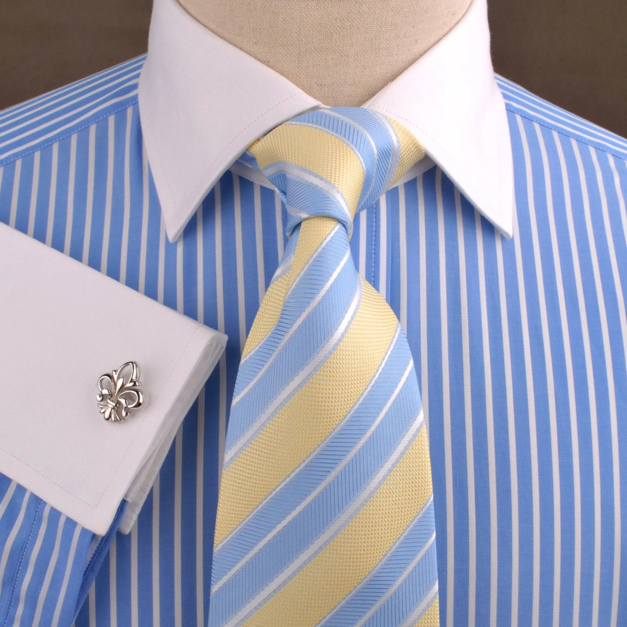 Blue Striped Dress Shirt White Collar in Formal Business French Cuff