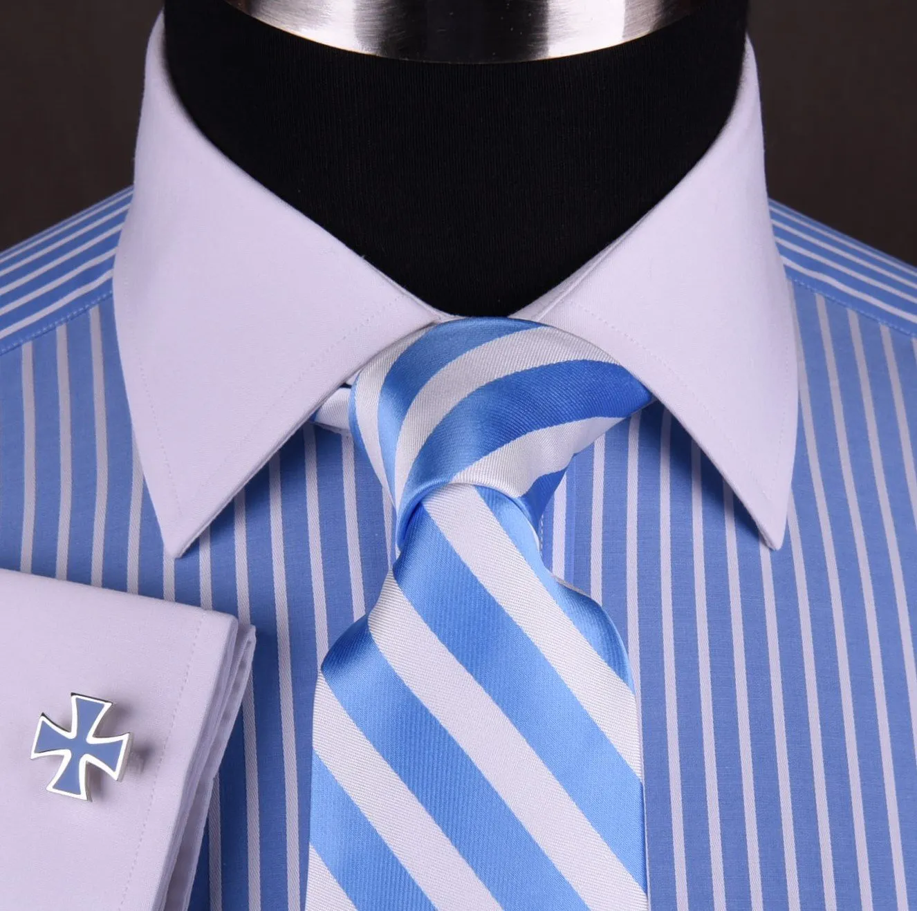 Blue Striped Dress Shirt White Collar in Formal Business French Cuff