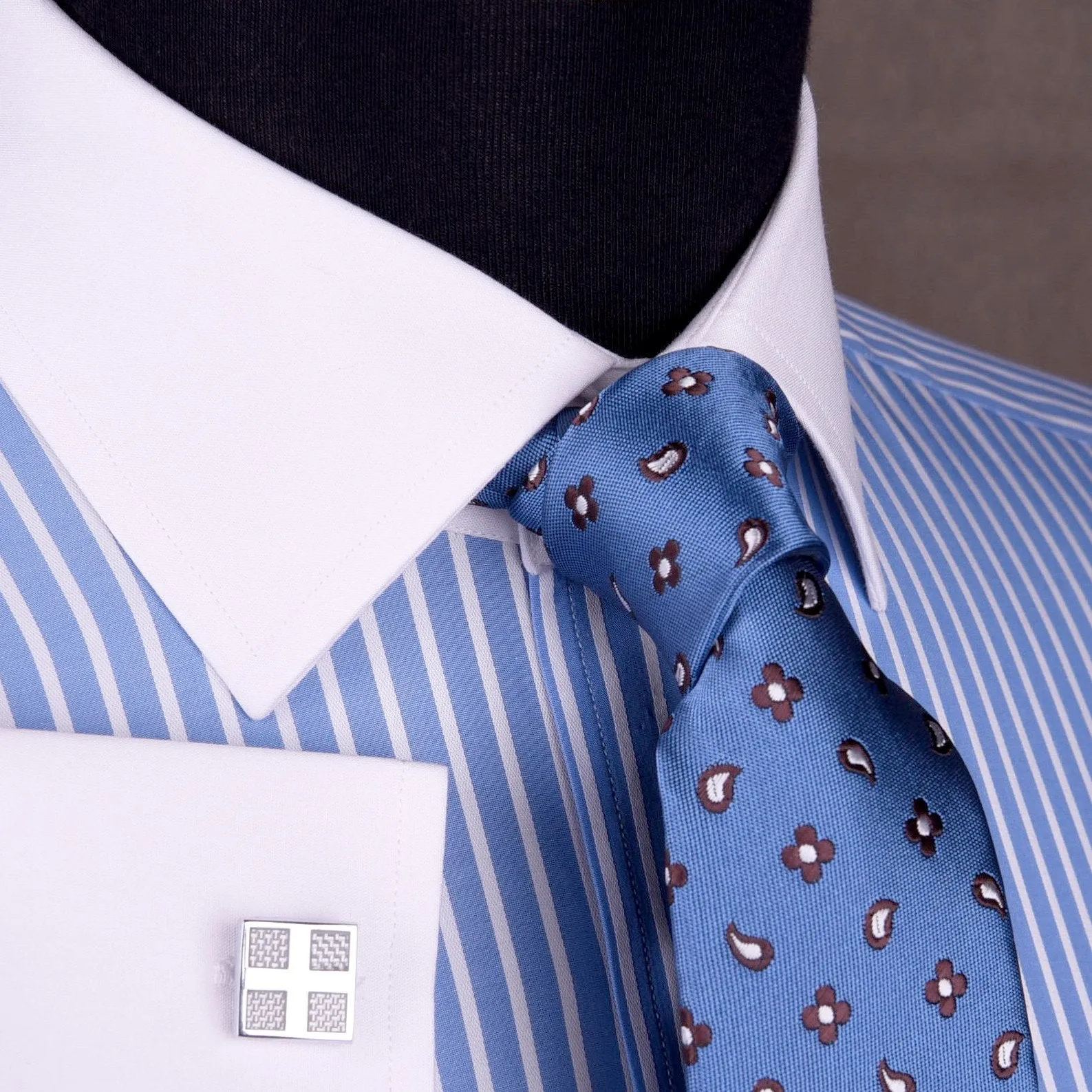 Blue Striped Dress Shirt White Collar in Formal Business French Cuff