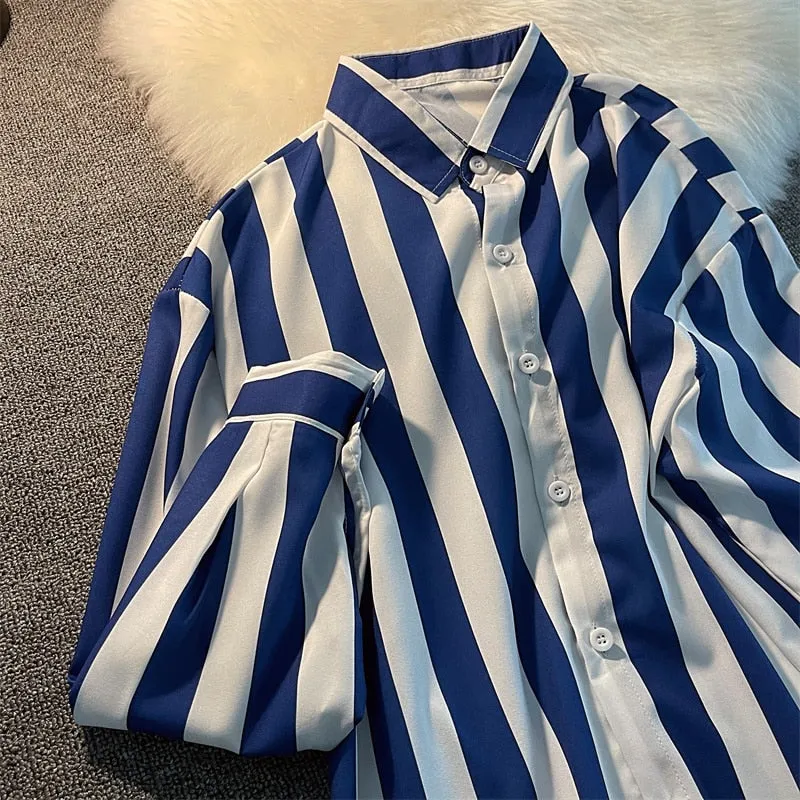 Blue white striped shirt women's spring autumn loose retro classical blouse niche designer long-sleeved shirts men elegant wear