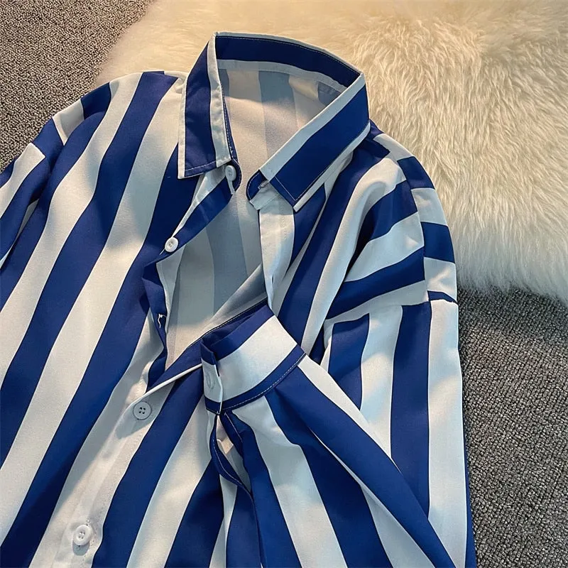 Blue white striped shirt women's spring autumn loose retro classical blouse niche designer long-sleeved shirts men elegant wear