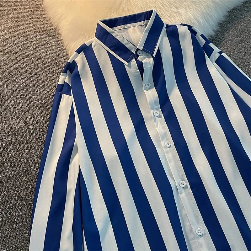 Blue white striped shirt women's spring autumn loose retro classical blouse niche designer long-sleeved shirts men elegant wear