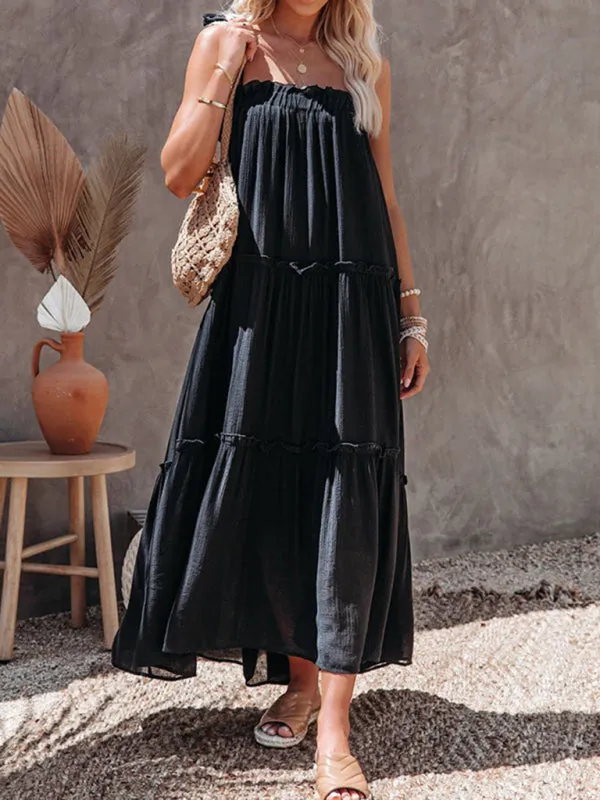 Blue Zone Planet |  Ava's Solid Color Spaghetti Strap Tiered Maxi Dress