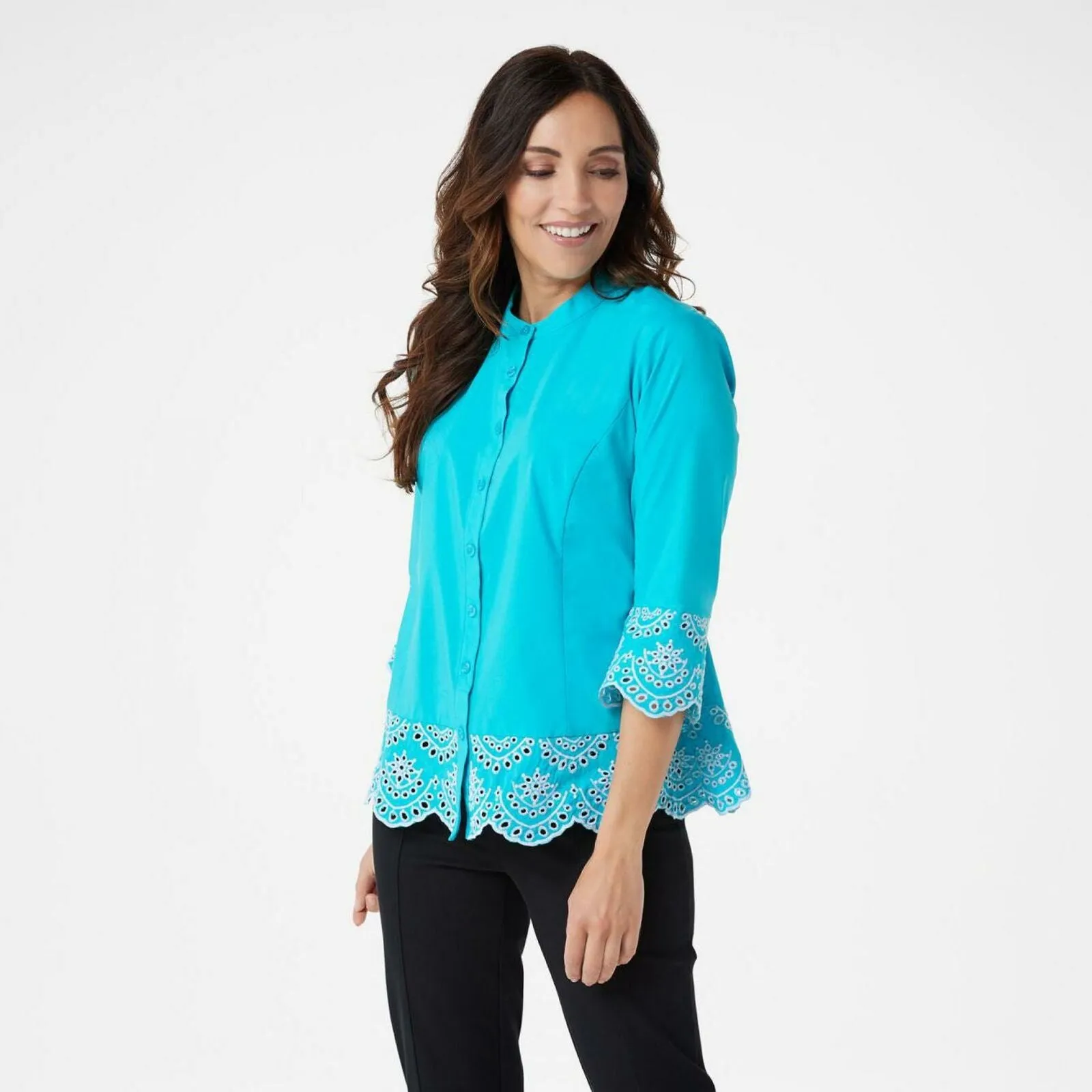 Bob Mackie Women's Cutout Embroidered Peplum Button Front Shirt