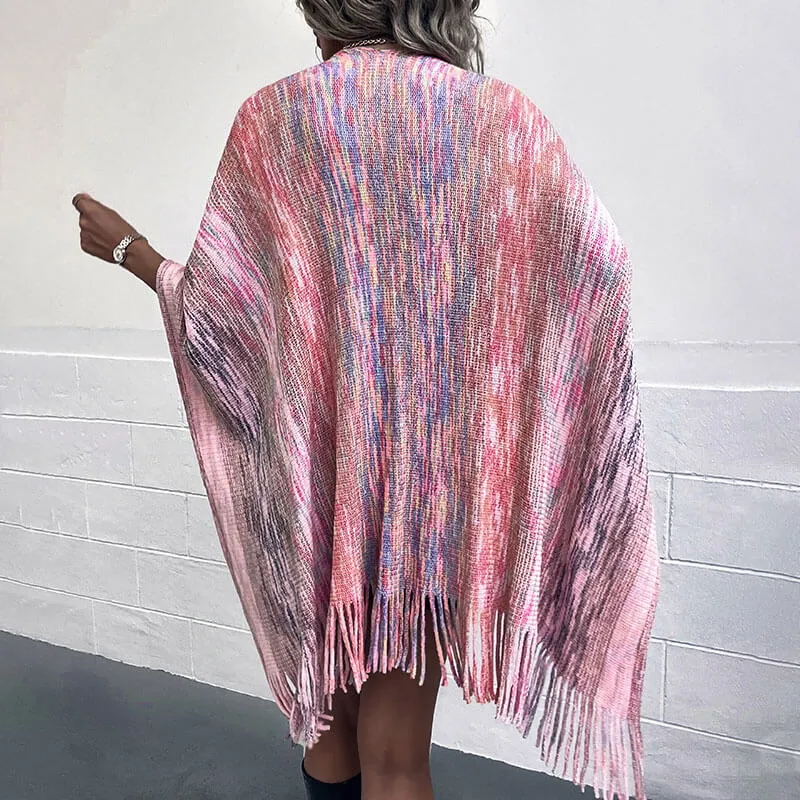 Boho Pom Pom Fringe Trim Pull Through Pink Space Dye Knit Cape Cardigan