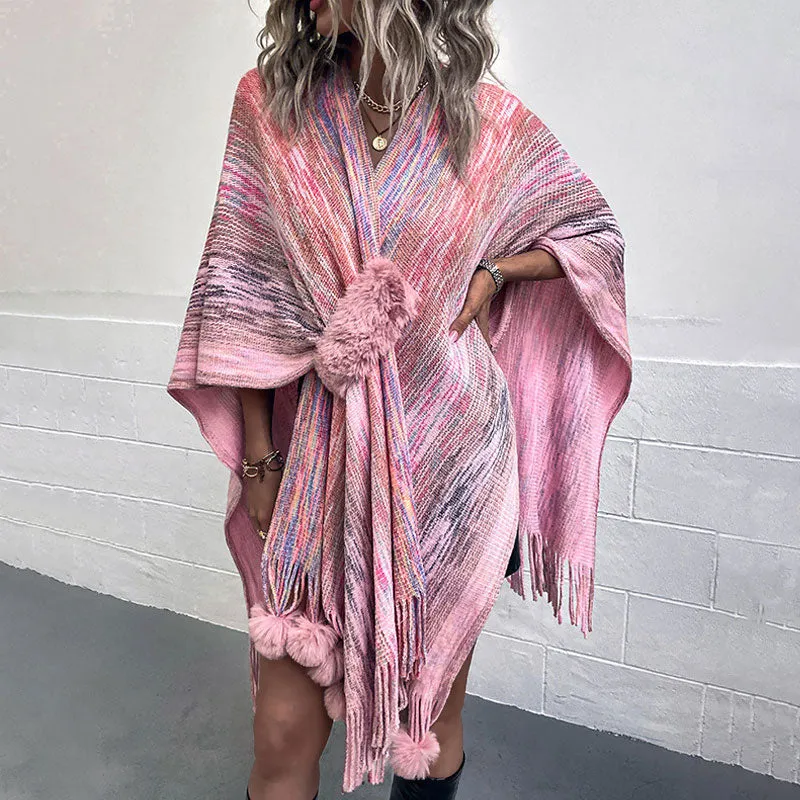 Boho Pom Pom Fringe Trim Pull Through Pink Space Dye Knit Cape Cardigan