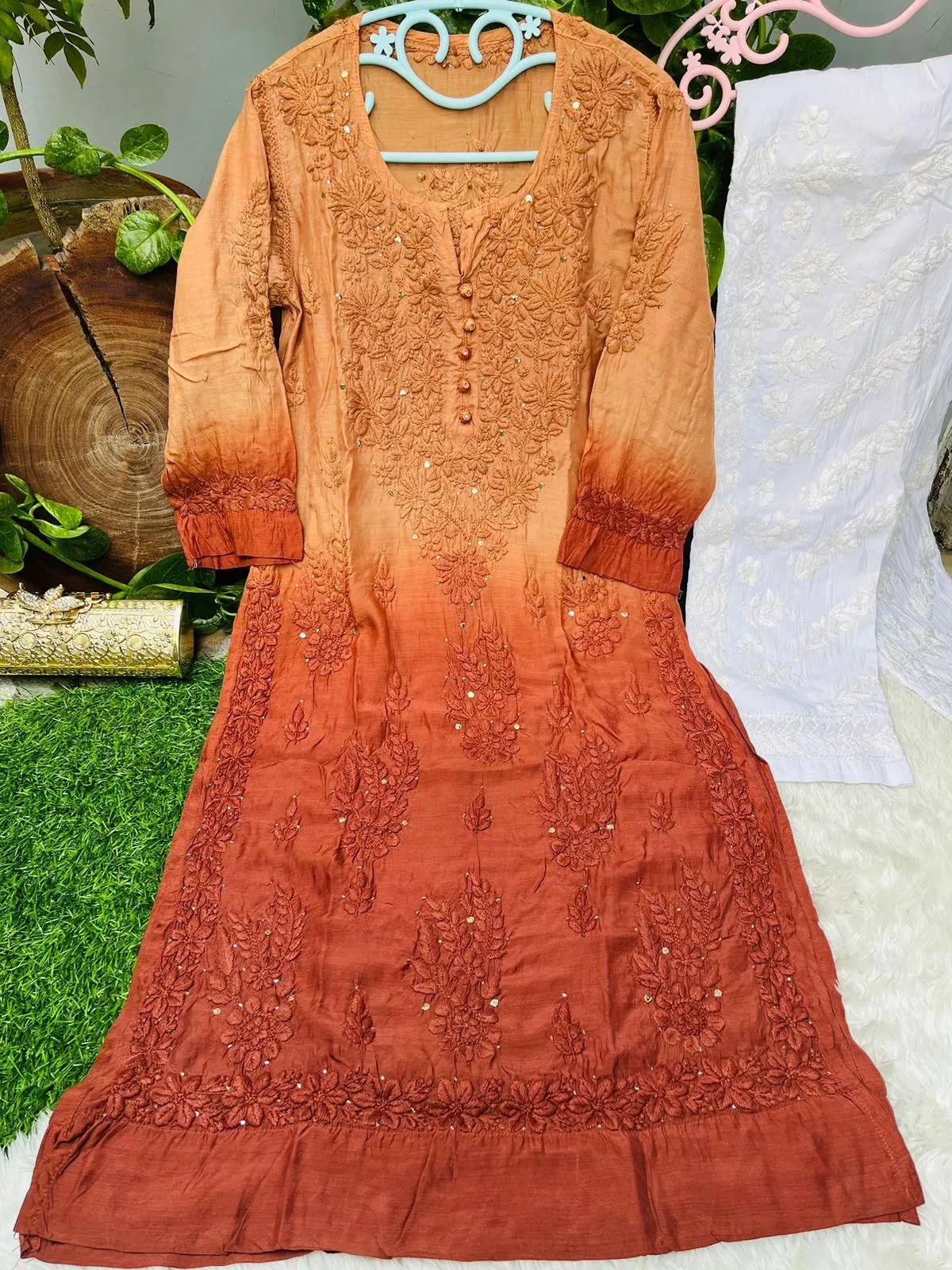 Burnt Orange Elegance in Motion 3D Quraishiya Button Pure Muslin Kurti Set