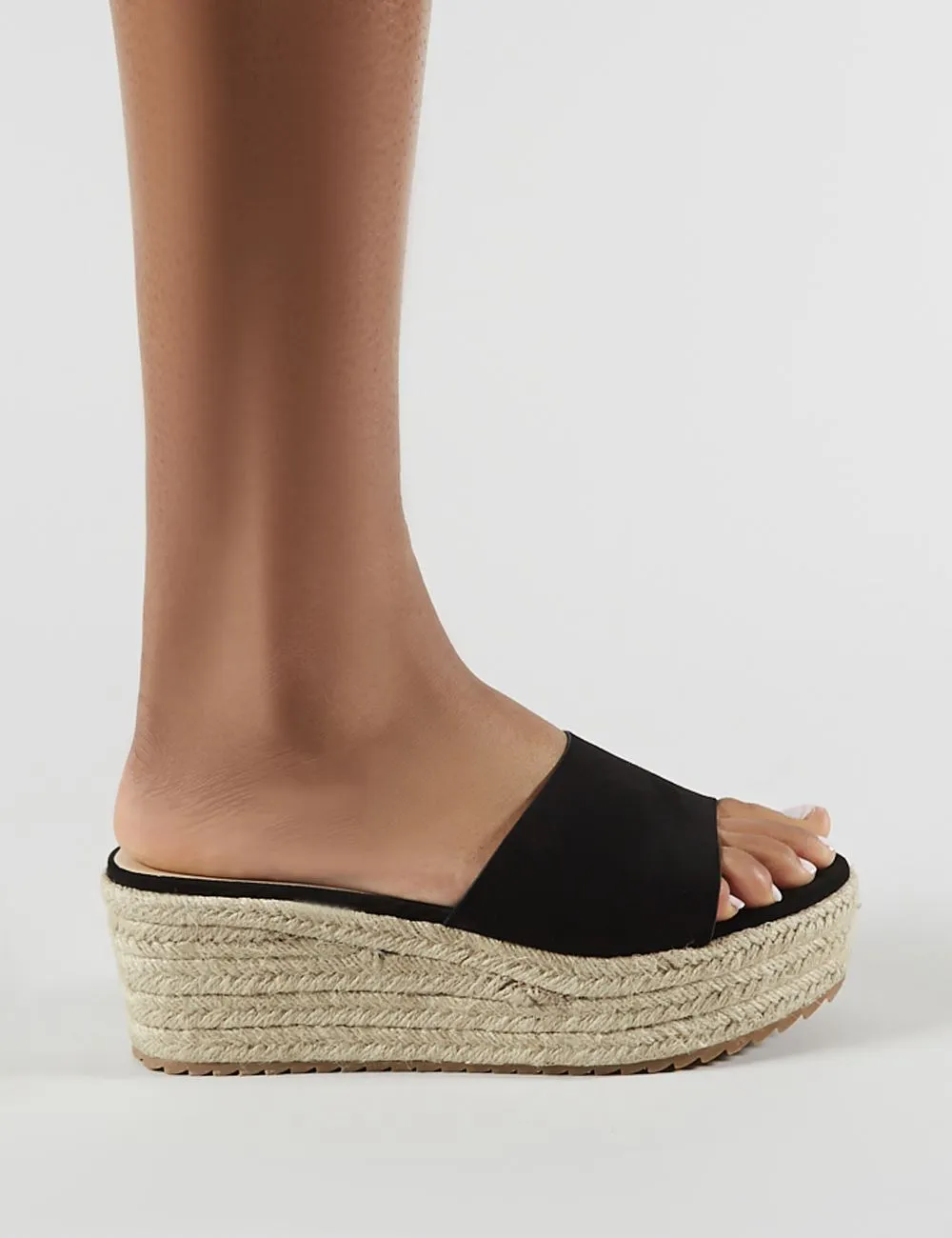 Cami Flatform Espadrille Sliders in Black Faux Suede