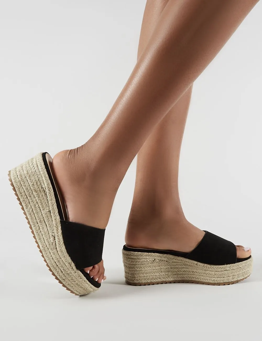 Cami Flatform Espadrille Sliders in Black Faux Suede