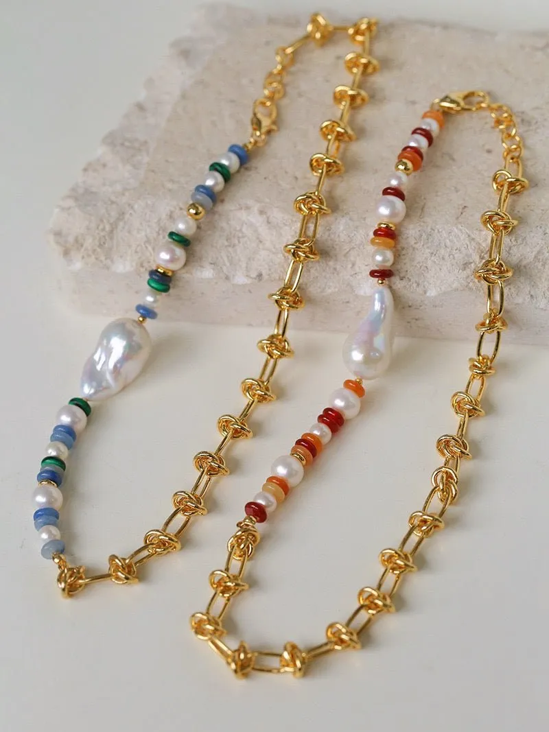 Colorful Beads & Baroque Pearls Twisted Chain Necklace