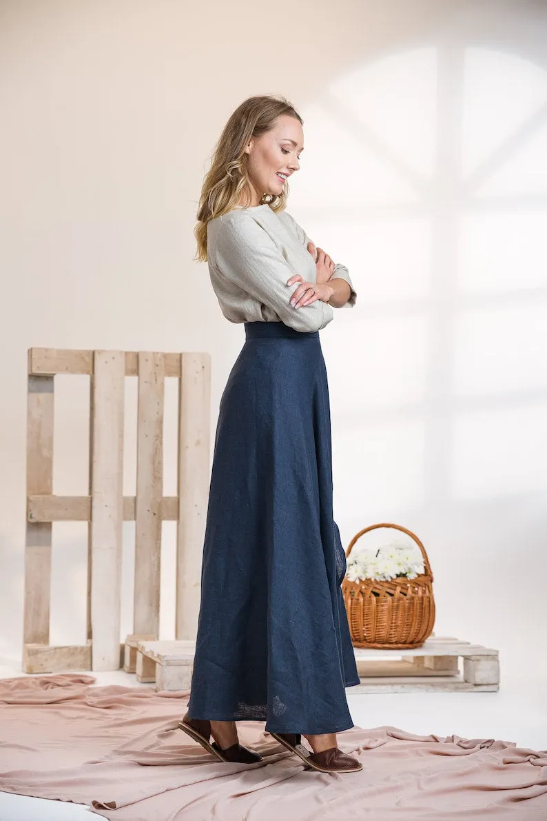 Dark Blue Linen Wrap Maxi Skirt