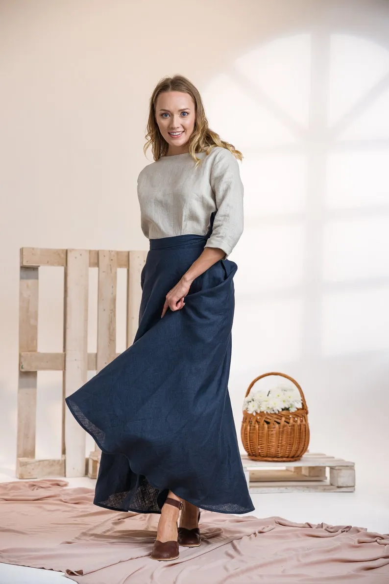 Dark Blue Linen Wrap Maxi Skirt