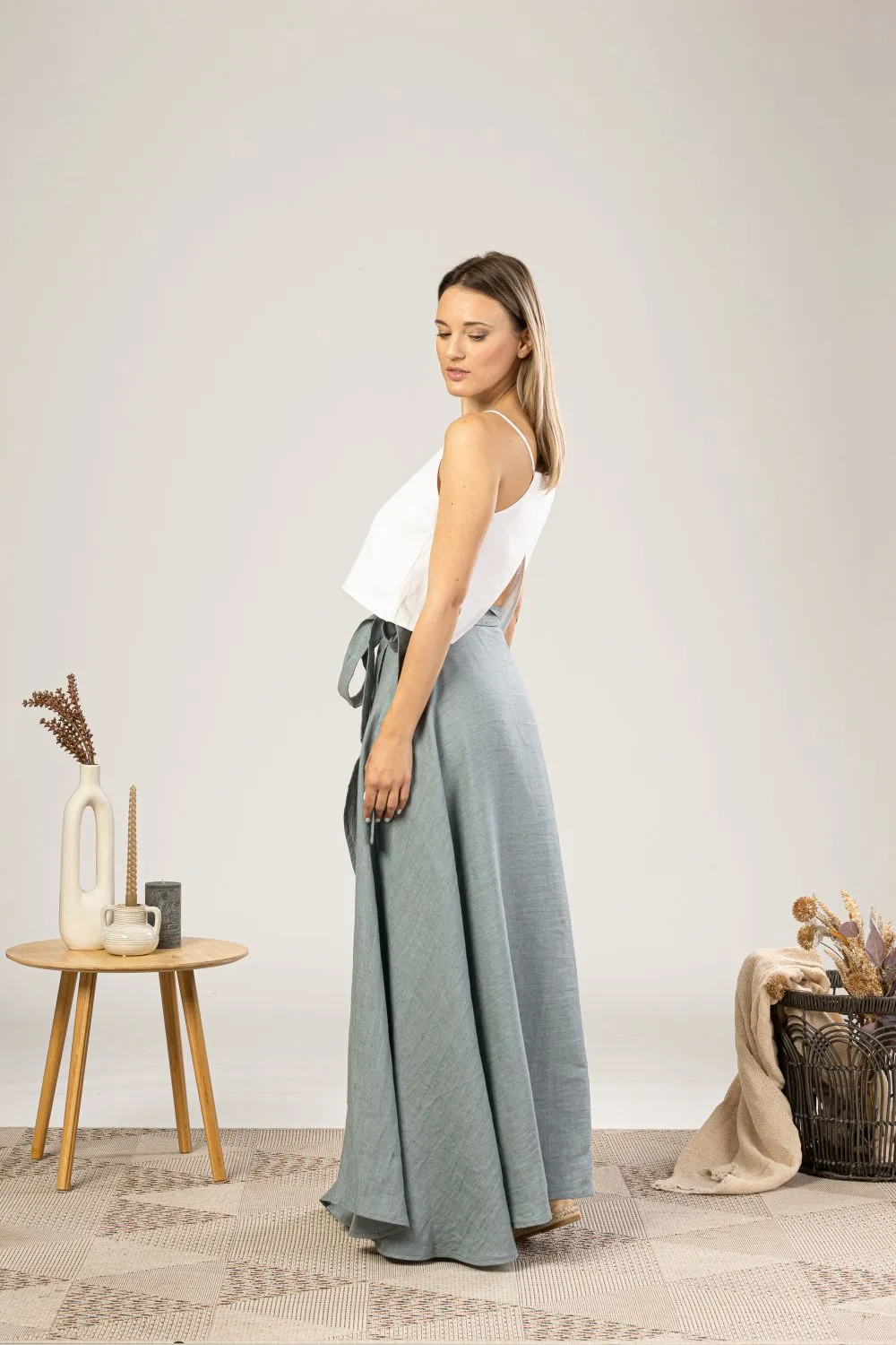 Dark Blue Linen Wrap Maxi Skirt