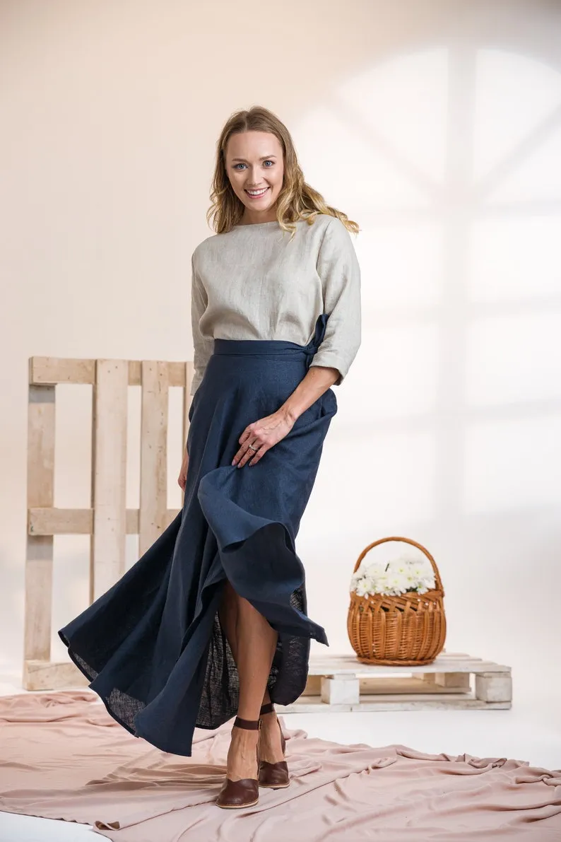 Dark Blue Linen Wrap Maxi Skirt