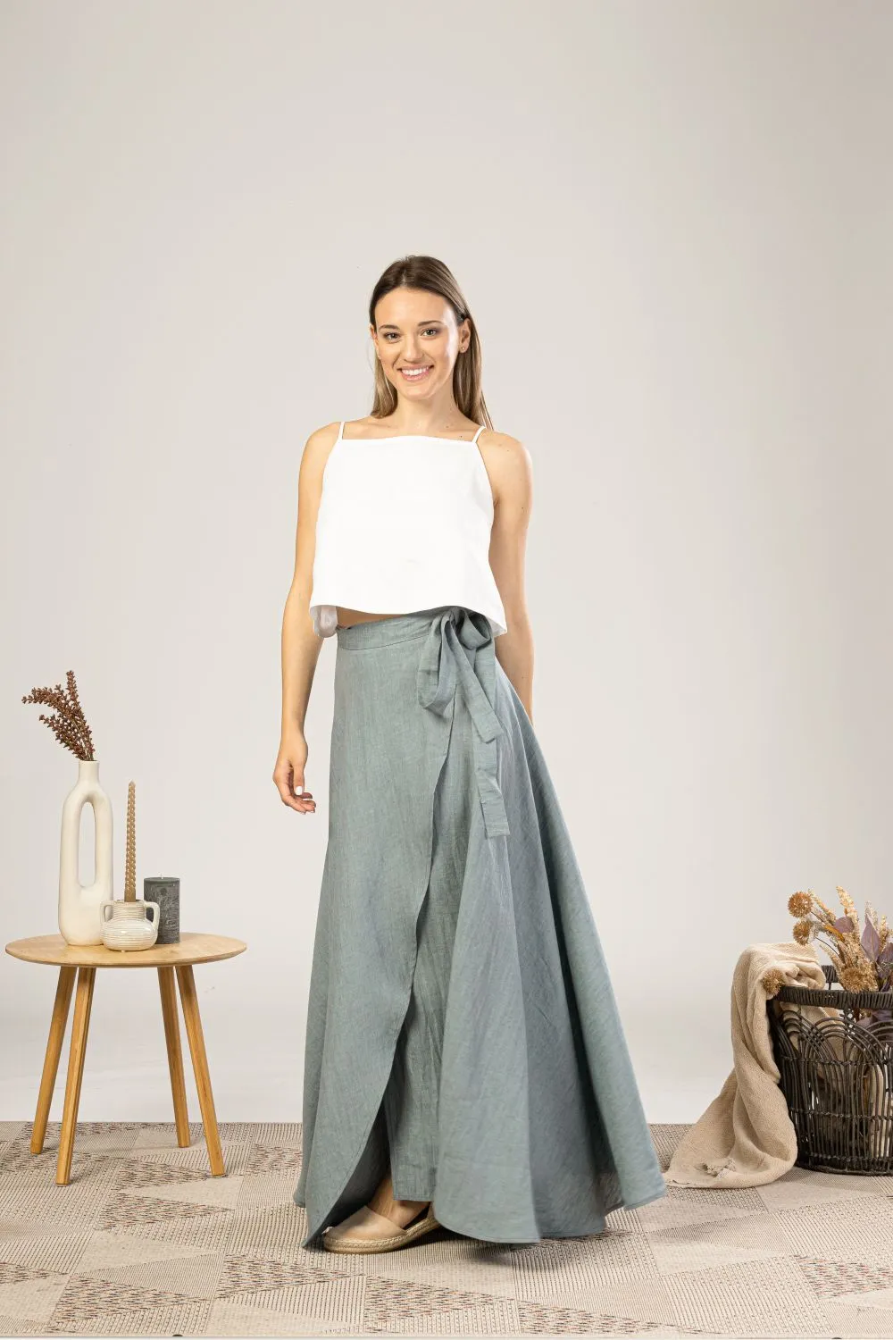 Dark Blue Linen Wrap Maxi Skirt