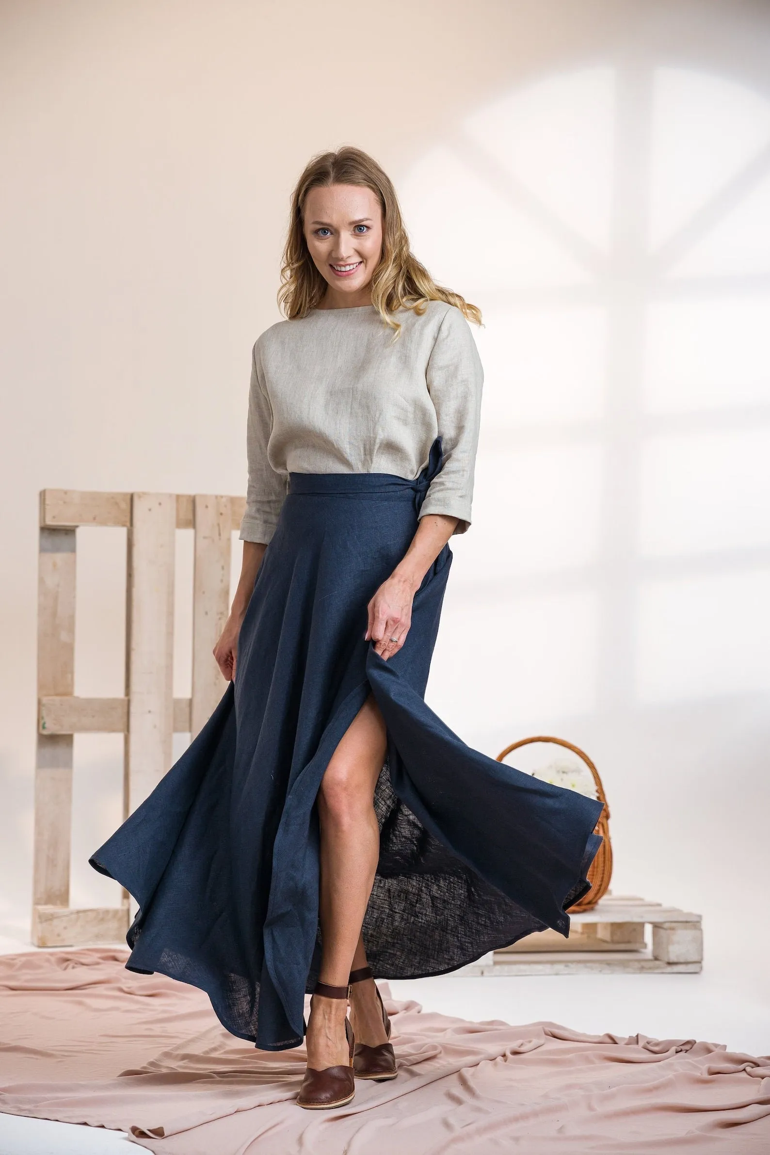 Dark Blue Linen Wrap Maxi Skirt