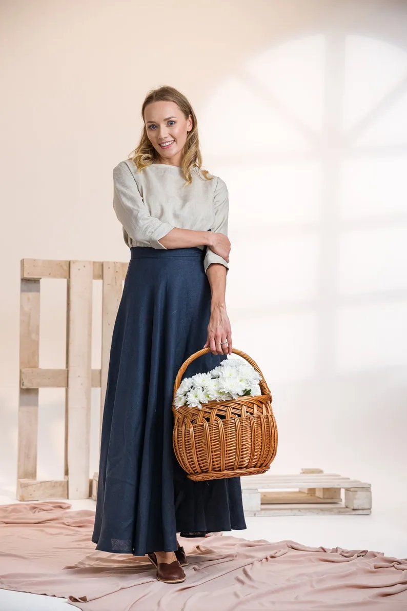 Dark Blue Linen Wrap Maxi Skirt