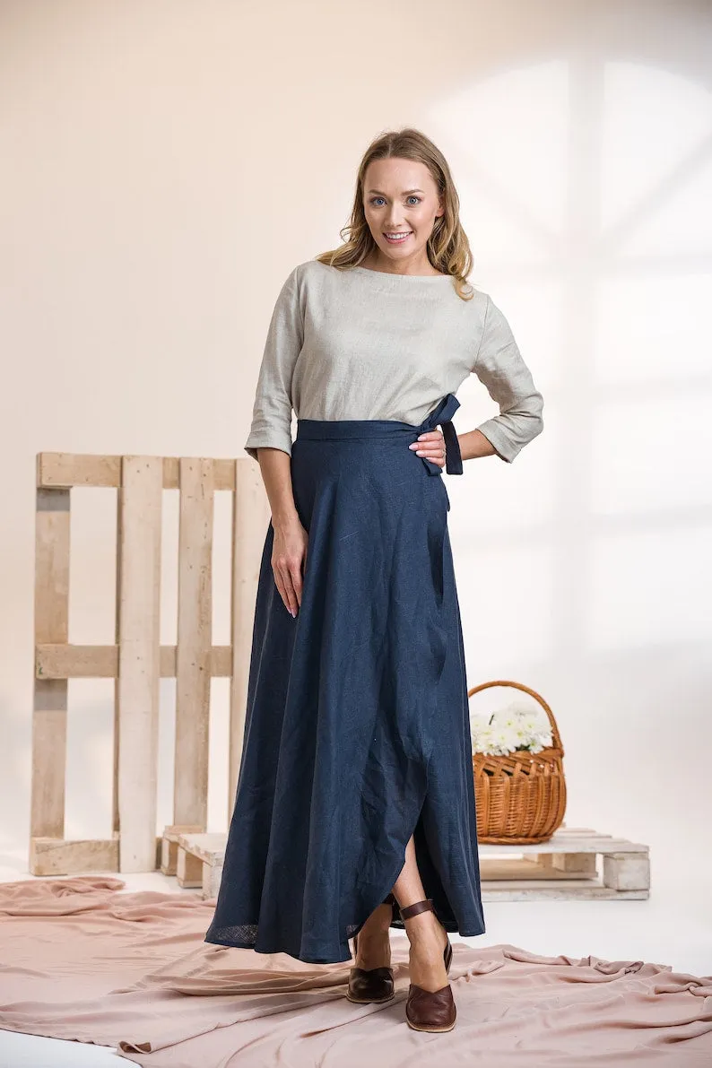 Dark Blue Linen Wrap Maxi Skirt