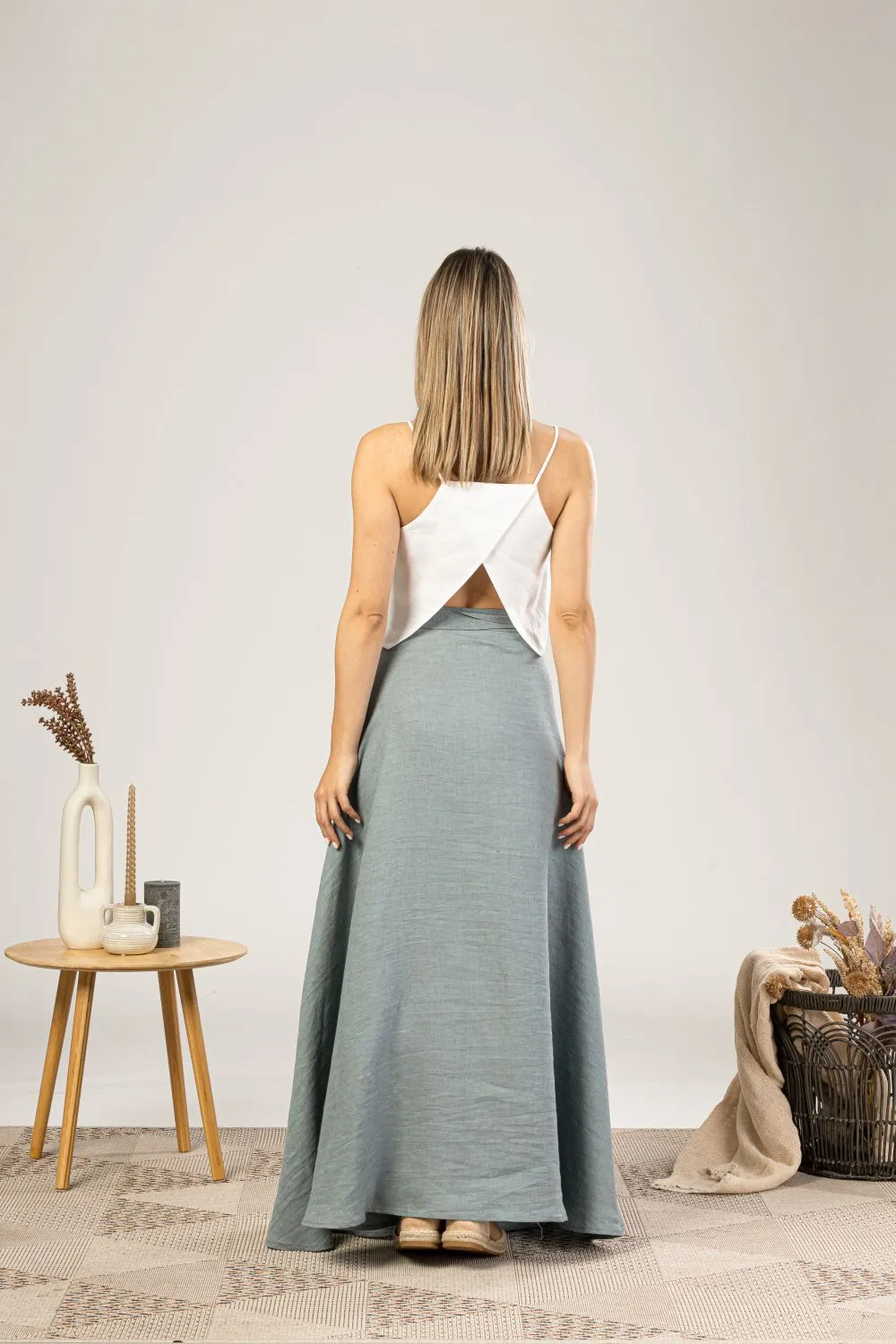 Dark Blue Linen Wrap Maxi Skirt