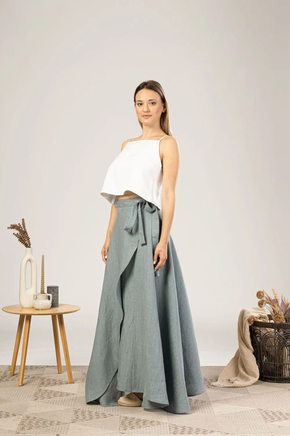 Dark Blue Linen Wrap Maxi Skirt