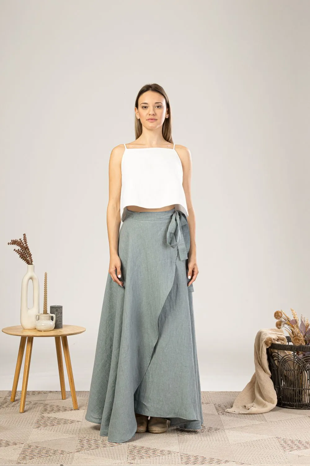 Dark Blue Linen Wrap Maxi Skirt