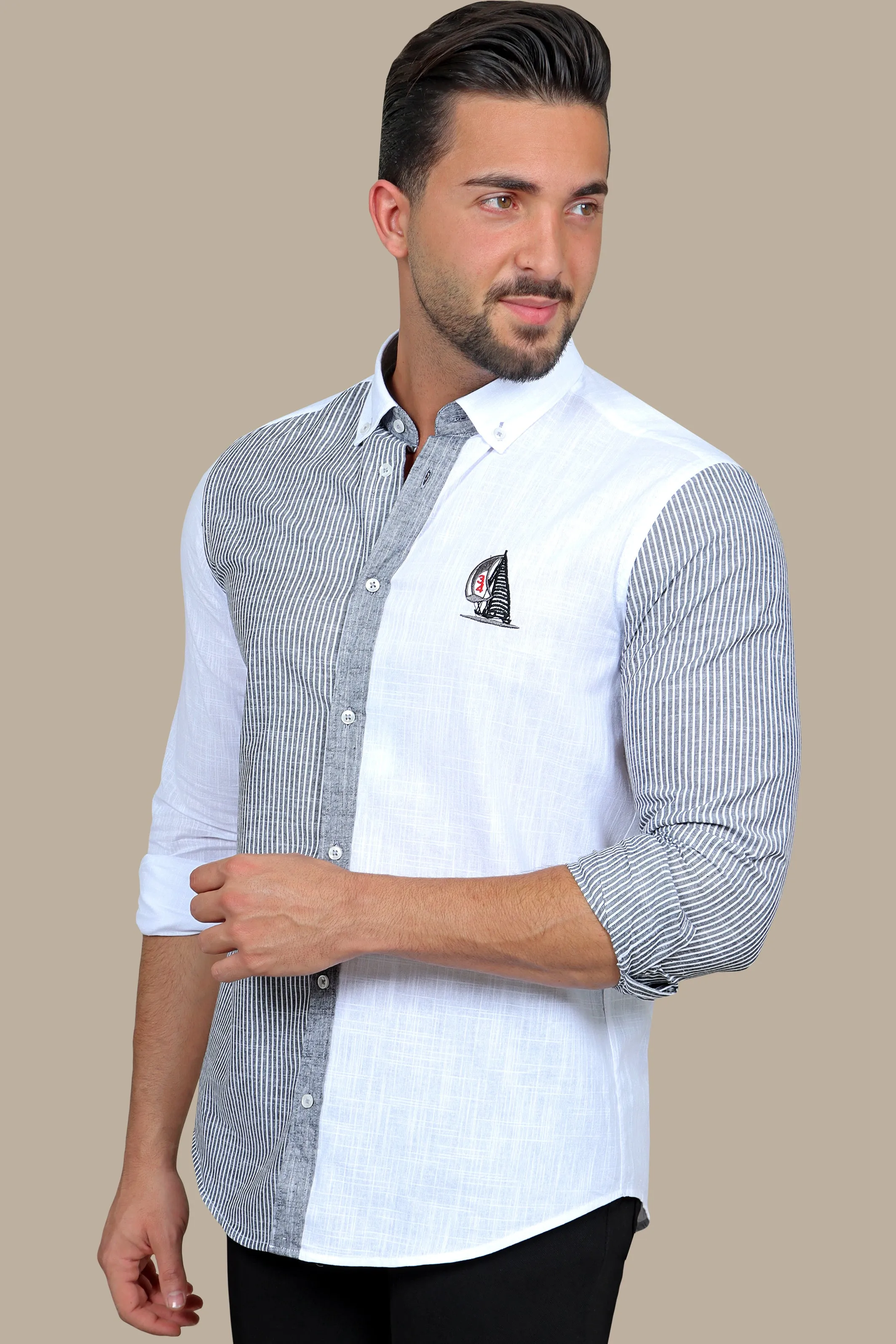 Dark Gray Half-Striped Linen Shirt