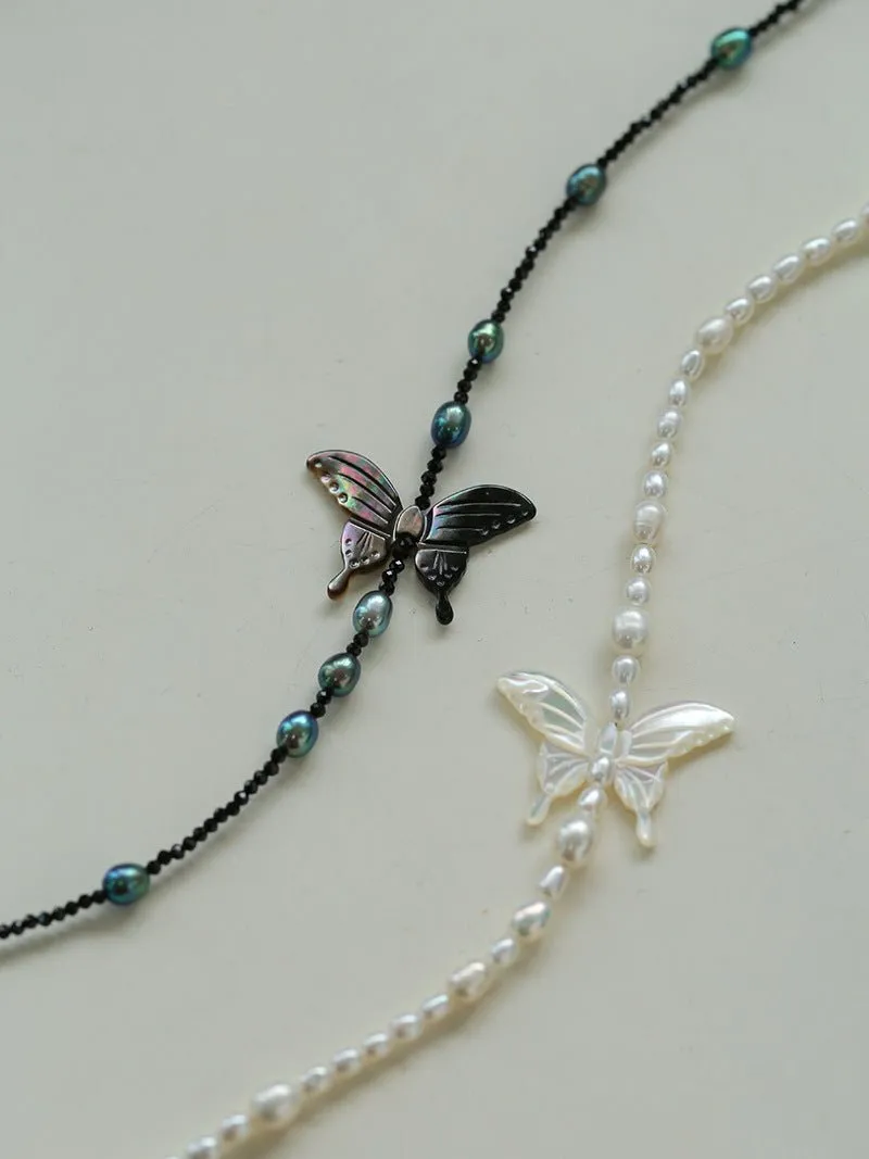 Delicate Mother of Pearls Black Butterfly Black Spinel Pearl Beaded Necklace