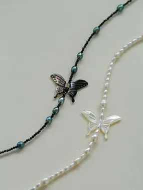 Delicate Mother of Pearls Black Butterfly Black Spinel Pearl Beaded Necklace