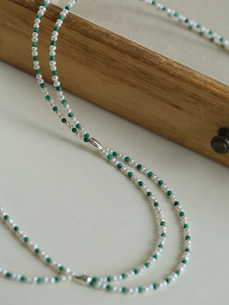 Double-Layer Necklace with Millet Pearls and Gemstone Beads