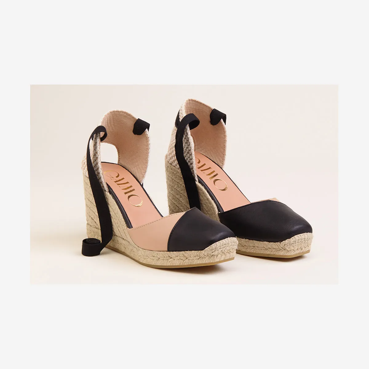 ESPADRILLES WEDGES IN TWO-TONE LEATHER WITH RIBBONS AND SQUARE TOE