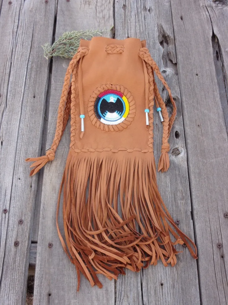 Fringed medicine bag , cedar bag , beaded eagle, 4 directions medicine wheel , made to order