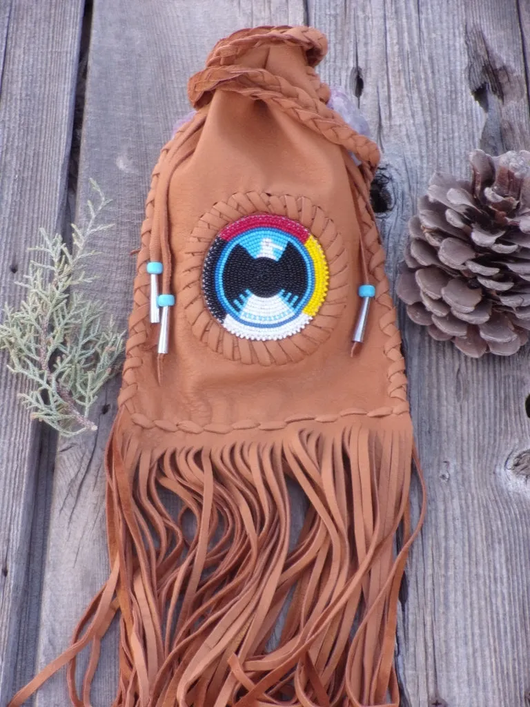 Fringed medicine bag , cedar bag , beaded eagle, 4 directions medicine wheel , made to order